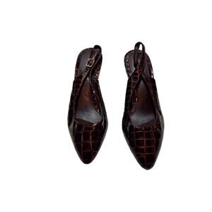 womens cabrici croc embossed sling heel with pointed toe. brown